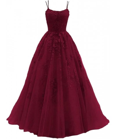 Women's Lace Appliques Prom Dresses Long Spaghetti Strap Ball Gowns Tulle Formal Dress for Party Burgundy $38.95 Dresses