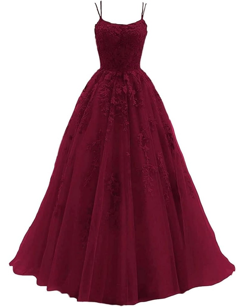 Women's Lace Appliques Prom Dresses Long Spaghetti Strap Ball Gowns Tulle Formal Dress for Party Burgundy $38.95 Dresses