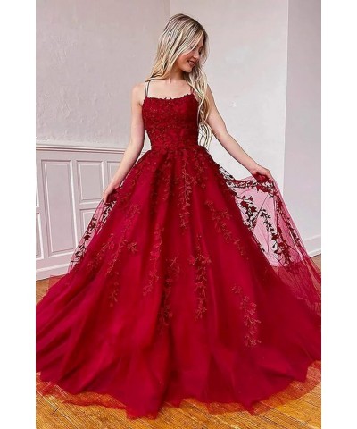 Women's Lace Appliques Prom Dresses Long Spaghetti Strap Ball Gowns Tulle Formal Dress for Party Burgundy $38.95 Dresses