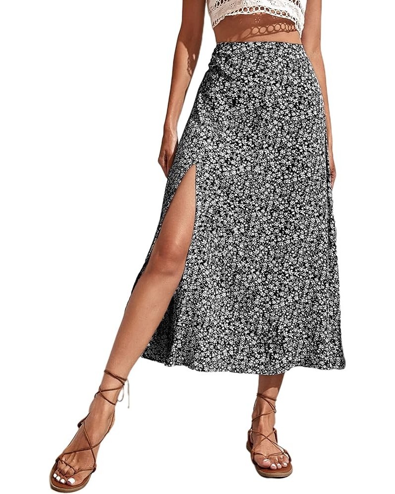 Women Boho Floral Slit Midi Skirt Elastic High Waisted Sexy A Line Skirt Black $16.81 Skirts