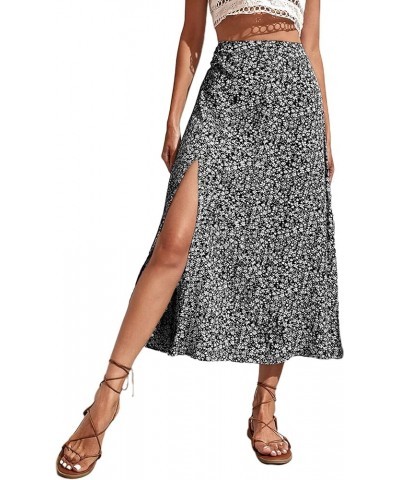 Women Boho Floral Slit Midi Skirt Elastic High Waisted Sexy A Line Skirt Black $16.81 Skirts