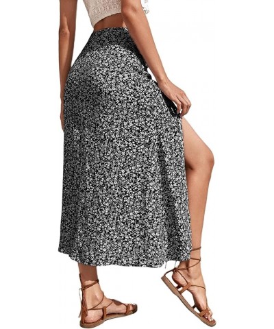 Women Boho Floral Slit Midi Skirt Elastic High Waisted Sexy A Line Skirt Black $16.81 Skirts