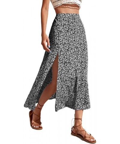 Women Boho Floral Slit Midi Skirt Elastic High Waisted Sexy A Line Skirt Black $16.81 Skirts