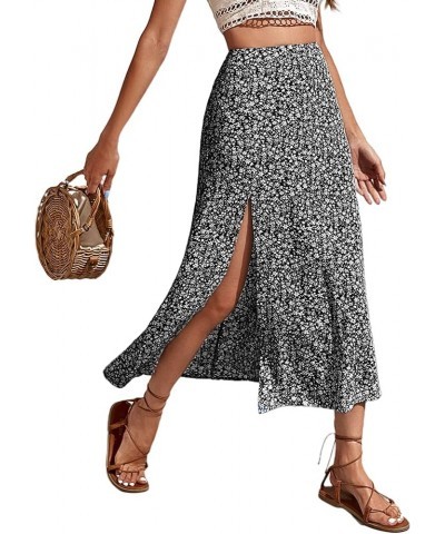 Women Boho Floral Slit Midi Skirt Elastic High Waisted Sexy A Line Skirt Black $16.81 Skirts