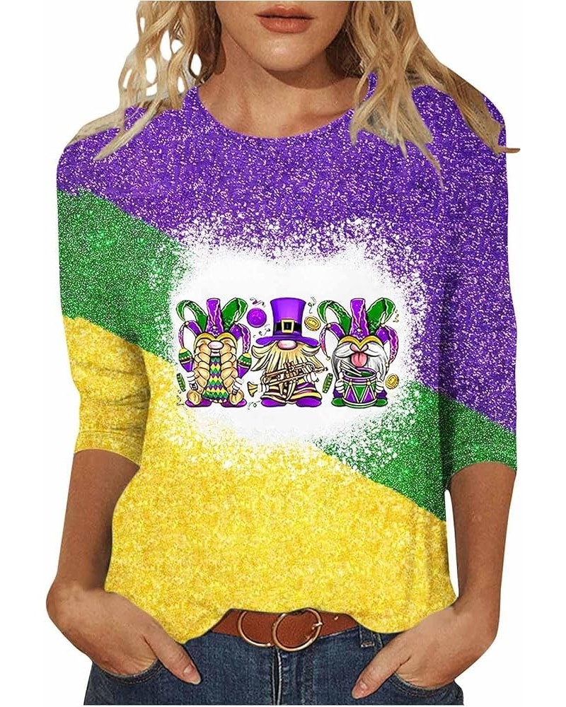 2024 Mardi Gras Shirt for Women Cute Gnomes Mask Feather Graphic 3/4 Sleeve Tunic Tops Color Block Crewneck Blouse 2-purple $...