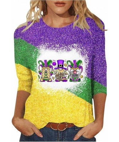 2024 Mardi Gras Shirt for Women Cute Gnomes Mask Feather Graphic 3/4 Sleeve Tunic Tops Color Block Crewneck Blouse 2-purple $...