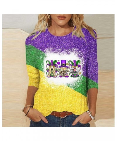 2024 Mardi Gras Shirt for Women Cute Gnomes Mask Feather Graphic 3/4 Sleeve Tunic Tops Color Block Crewneck Blouse 2-purple $...