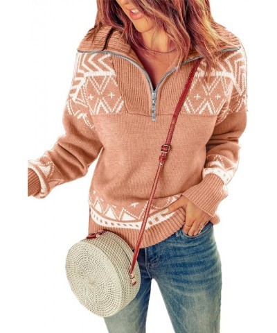 Womens Quarter Zip Pullover Top Casual Long Sleeve Sweatshirt Fall Clothes Knit Western Aztec Sweater Pink $20.68 Sweaters