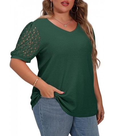 Plus Size Tops for Women Summer Blouse Waffle Knit Short Lace Sleeve Shirts 01 short sleeve A10-dark Green $10.81 Blouses