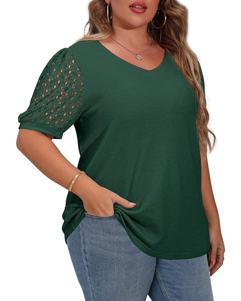 Plus Size Tops for Women Summer Blouse Waffle Knit Short Lace Sleeve Shirts 01 short sleeve A10-dark Green $10.81 Blouses