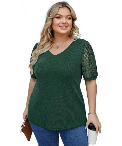 Plus Size Tops for Women Summer Blouse Waffle Knit Short Lace Sleeve Shirts 01 short sleeve A10-dark Green $10.81 Blouses