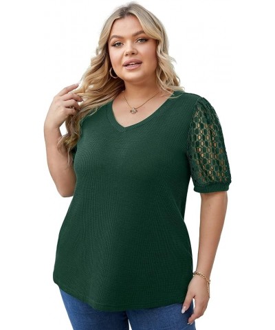 Plus Size Tops for Women Summer Blouse Waffle Knit Short Lace Sleeve Shirts 01 short sleeve A10-dark Green $10.81 Blouses