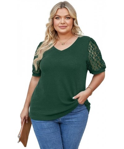 Plus Size Tops for Women Summer Blouse Waffle Knit Short Lace Sleeve Shirts 01 short sleeve A10-dark Green $10.81 Blouses