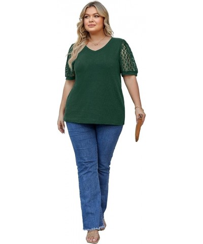 Plus Size Tops for Women Summer Blouse Waffle Knit Short Lace Sleeve Shirts 01 short sleeve A10-dark Green $10.81 Blouses