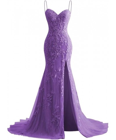 Lace Appliques Mermaid Prom Dresses with Slit Spaghetti Straps Formal Gown Tulle Party Dress for Women Purple $39.13 Dresses