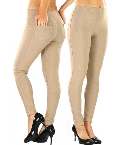 Women's Easy Pull-On Denim Skinny Fit Comfort Stretch Leggings Jeggings Full Length Back Pockets - Taupe $8.64 Leggings