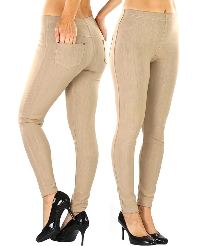 Women's Easy Pull-On Denim Skinny Fit Comfort Stretch Leggings Jeggings Full Length Back Pockets - Taupe $8.64 Leggings