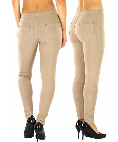 Women's Easy Pull-On Denim Skinny Fit Comfort Stretch Leggings Jeggings Full Length Back Pockets - Taupe $8.64 Leggings