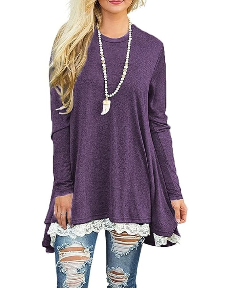 Women's Long Sleeve Solid Color Tunic Tops Layered Chiffon Hem Casual Loose Blouse Shirts B-03 Purple $11.88 Tops