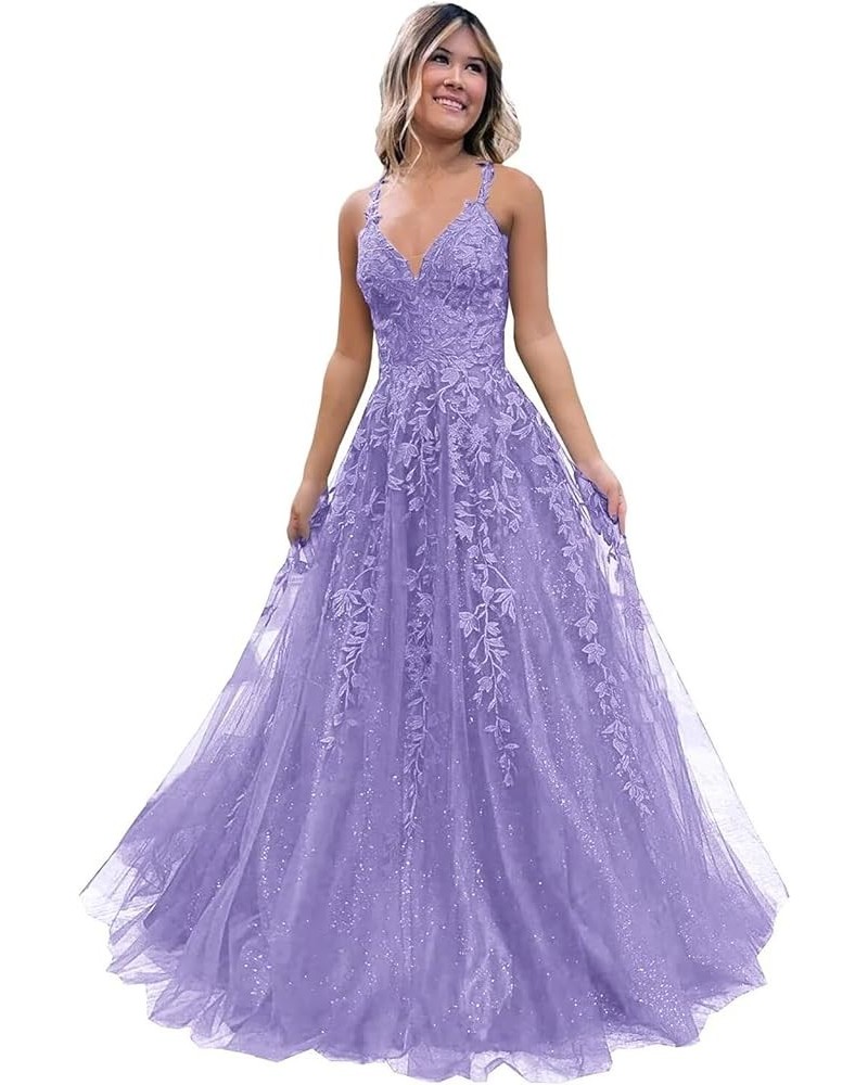 Glitter Tulle Prom Dresses for Women 2024 Lace Appliques Long Ball Gwons with Spaghetti Straps A-Line Evening Dresses Lavende...