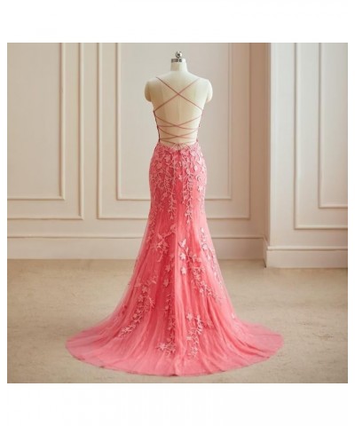 Lace Appliques Mermaid Prom Dresses with Slit Spaghetti Straps Formal Gown Tulle Party Dress for Women Purple $39.13 Dresses