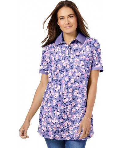 Women's Plus Size Perfect Printed Short-Sleeve Polo Shirt Soft Iris Blossom Vine $23.23 Shirts