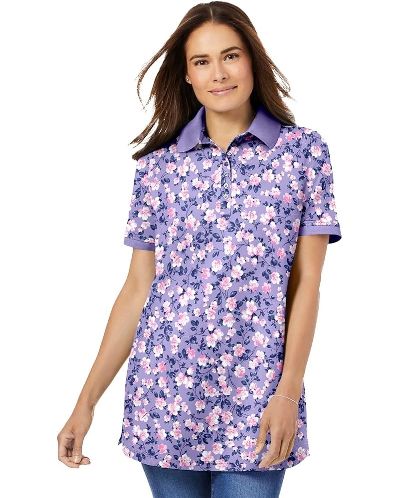 Women's Plus Size Perfect Printed Short-Sleeve Polo Shirt Soft Iris Blossom Vine $23.23 Shirts