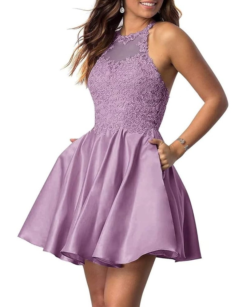 Short Prom Dresses for Juniors Lace Applique Sparkly Beading Halter Homecoming Dress Dusty Purple $31.20 Dresses