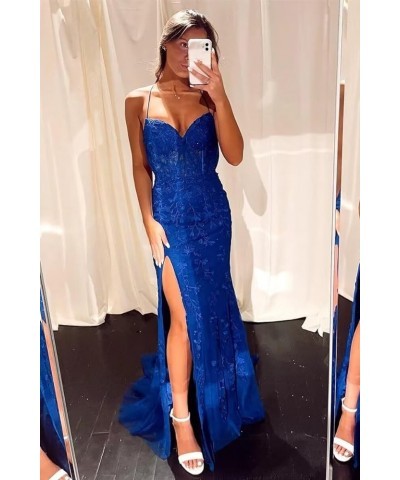 Lace Appliques Mermaid Prom Dresses with Slit Spaghetti Straps Formal Gown Tulle Party Dress for Women Purple $39.13 Dresses