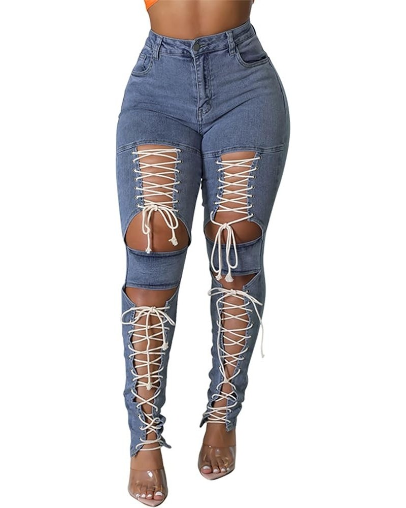 Women's Lace Up Denim Pants High Waist Cutout Bandage Criss Cross Bow Tie Destroyed Hollow Out Jean Trousers Light Blue $14.4...