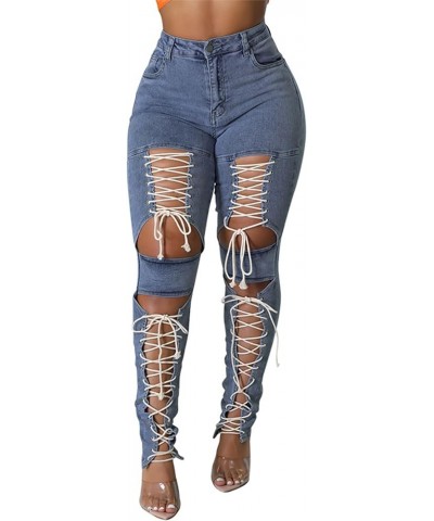 Women's Lace Up Denim Pants High Waist Cutout Bandage Criss Cross Bow Tie Destroyed Hollow Out Jean Trousers Light Blue $14.4...