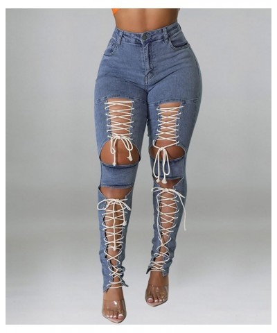 Women's Lace Up Denim Pants High Waist Cutout Bandage Criss Cross Bow Tie Destroyed Hollow Out Jean Trousers Light Blue $14.4...