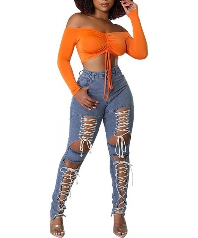 Women's Lace Up Denim Pants High Waist Cutout Bandage Criss Cross Bow Tie Destroyed Hollow Out Jean Trousers Light Blue $14.4...