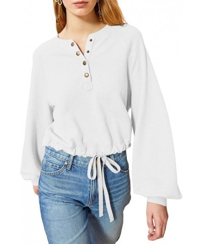 Women's Cropped Pullover Tops V Neck Snap Button Drawstring Long Sleeve Casual T Shirts White $10.79 Hoodies & Sweatshirts