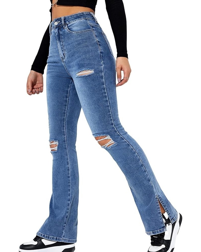 Women's Flare Leg Ripped Frayed Split Hem High Waist Denim Jeans Deep Blue $28.90 Jeans