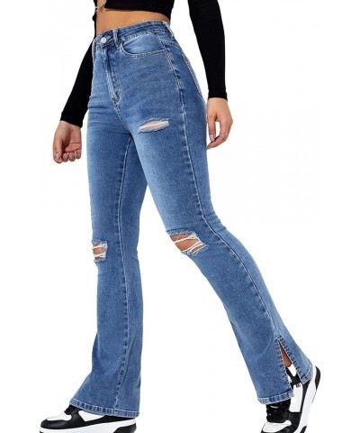 Women's Flare Leg Ripped Frayed Split Hem High Waist Denim Jeans Deep Blue $28.90 Jeans