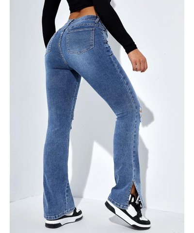 Women's Flare Leg Ripped Frayed Split Hem High Waist Denim Jeans Deep Blue $28.90 Jeans