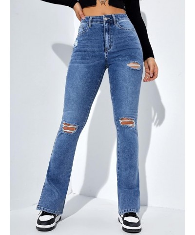 Women's Flare Leg Ripped Frayed Split Hem High Waist Denim Jeans Deep Blue $28.90 Jeans