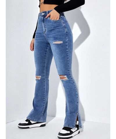 Women's Flare Leg Ripped Frayed Split Hem High Waist Denim Jeans Deep Blue $28.90 Jeans