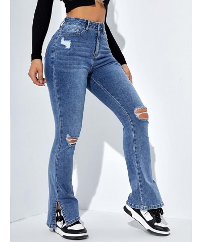 Women's Flare Leg Ripped Frayed Split Hem High Waist Denim Jeans Deep Blue $28.90 Jeans