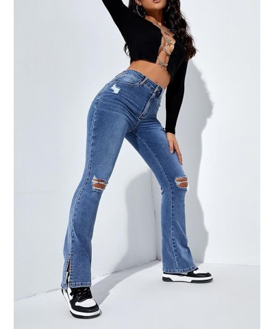 Women's Flare Leg Ripped Frayed Split Hem High Waist Denim Jeans Deep Blue $28.90 Jeans