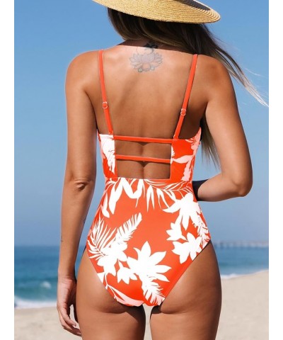 Women Swimsuit One Piece Bathing Suit Square Neck Cutout Back Tummy Control with Adjustable Spaghetti Straps Orange Floral $1...