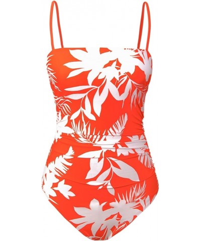 Women Swimsuit One Piece Bathing Suit Square Neck Cutout Back Tummy Control with Adjustable Spaghetti Straps Orange Floral $1...