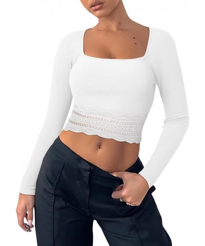 Women Y2k Long Sleeve Square Neck Crop Tops Slim Fit Lace Trim T-Shirt Cute Going Out Shirt Aesthetic Clothes C White $7.88 T...