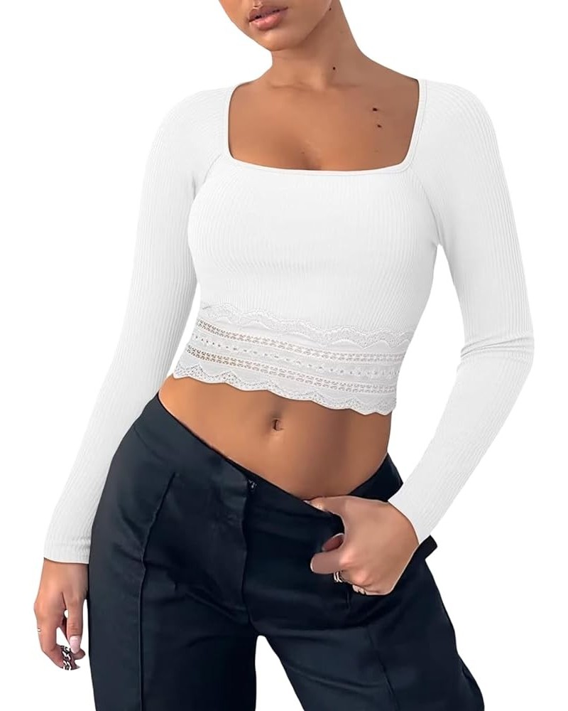 Women Y2k Long Sleeve Square Neck Crop Tops Slim Fit Lace Trim T-Shirt Cute Going Out Shirt Aesthetic Clothes C White $7.88 T...