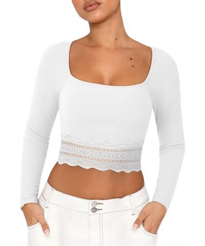 Women Y2k Long Sleeve Square Neck Crop Tops Slim Fit Lace Trim T-Shirt Cute Going Out Shirt Aesthetic Clothes C White $7.88 T...