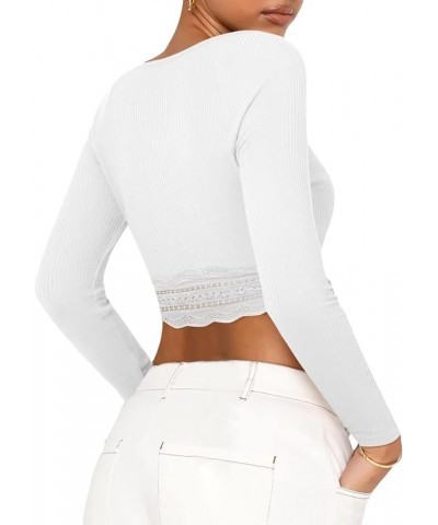 Women Y2k Long Sleeve Square Neck Crop Tops Slim Fit Lace Trim T-Shirt Cute Going Out Shirt Aesthetic Clothes C White $7.88 T...