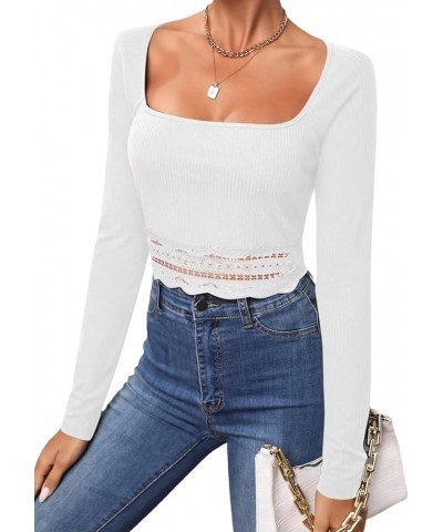 Women Y2k Long Sleeve Square Neck Crop Tops Slim Fit Lace Trim T-Shirt Cute Going Out Shirt Aesthetic Clothes C White $7.88 T...