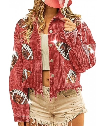 Women's Cropped Corduroy Jacket Football Sequin Patched Print Button Frayed Hem Shacket Outerwear Coat Red $27.43 Jackets