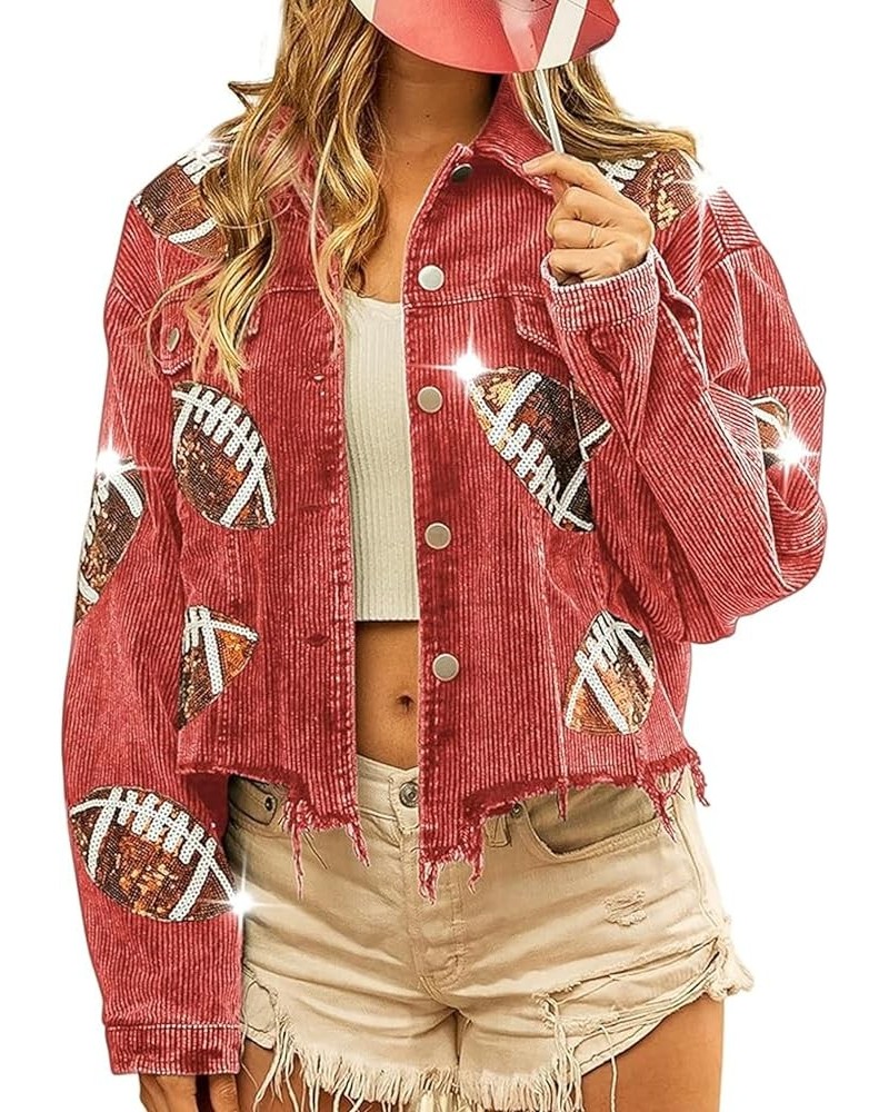 Women's Cropped Corduroy Jacket Football Sequin Patched Print Button Frayed Hem Shacket Outerwear Coat Red $27.43 Jackets